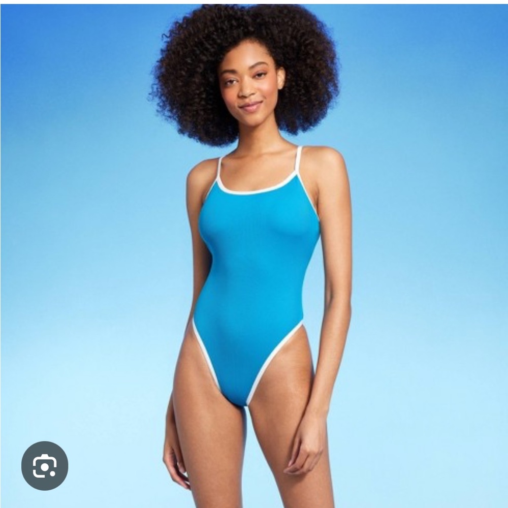 2/$30 Women’s contrast binding stitching ribbed blue one piece swimsuit M new